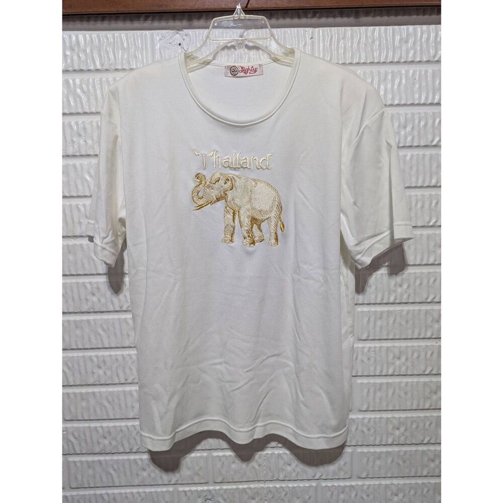 Lighty Vintage Women's White Thailand Gold Embroidered Elephant Heavy T-Shirt Si